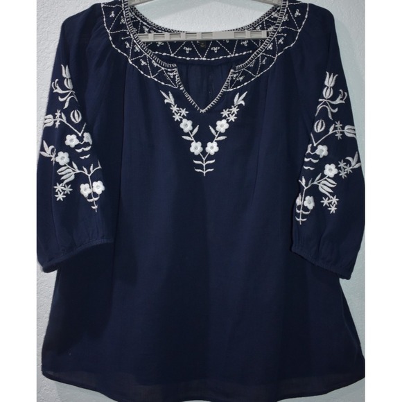 TALBOTS 1X Cotton Navy Blue White Embroidery 3/4 Sleeves Gauze Peasant Boho Top - Picture 16 of 16